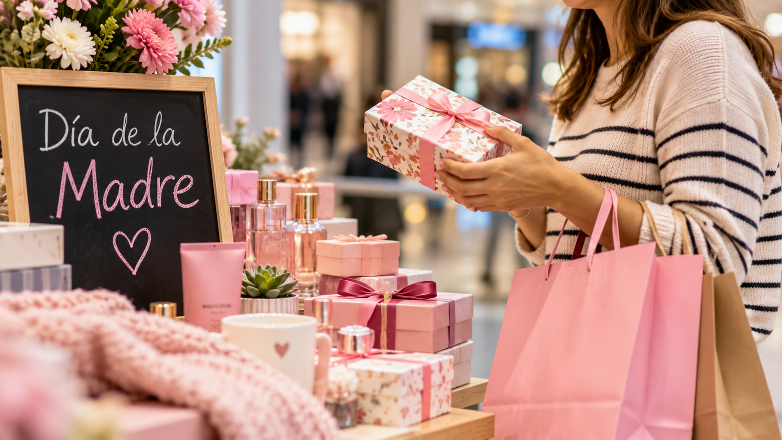 Imagen ilustrativa de una mujer comprando regalos por el Día de la Madre en un comercio, con bolsas, perfumes, flores y cajas de regalo, en referencia a las ventas minoristas en Argentina durante 2026