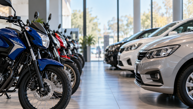 Imagen ilustrativa de motocicletas y autos 0 km exhibidos en un concesionario, en referencia al crecimiento de las ventas de motos y la caída de los patentamientos de automóviles en Argentina durante 2026