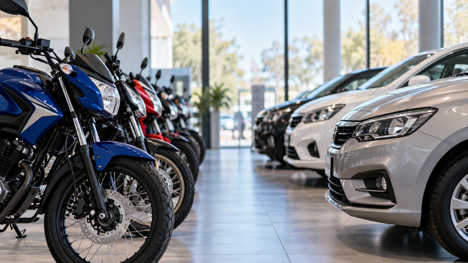 Imagen ilustrativa de motocicletas y autos 0 km exhibidos en un concesionario, en referencia al crecimiento de las ventas de motos y la caída de los patentamientos de automóviles en Argentina durante 2026