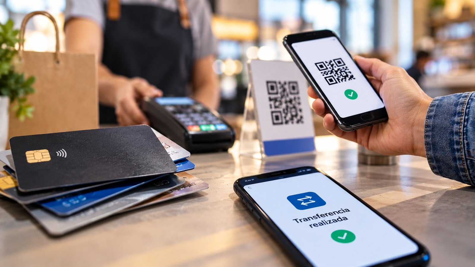 Pago digital con código QR y billetera virtual en un comercio argentino, junto a tarjetas de crédito y débito, en medio del crecimiento de las transferencias en 2026