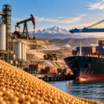 Imagen ilustrativa de las exportaciones argentinas, con producción de granos, instalaciones petroleras, actividad minera y un buque de carga en un puerto, representando el impulso del agro, la energía y la minería
