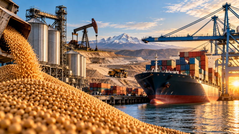 Imagen ilustrativa de las exportaciones argentinas, con producción de granos, instalaciones petroleras, actividad minera y un buque de carga en un puerto, representando el impulso del agro, la energía y la minería