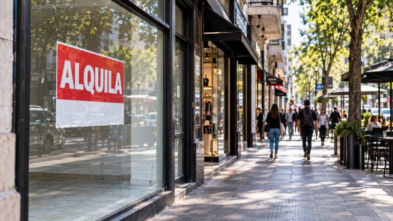 Imagen ilustrativa de un local comercial vacío con cartel de alquiler en una avenida de Buenos Aires, en el marco del aumento de locales desocupados durante 2026