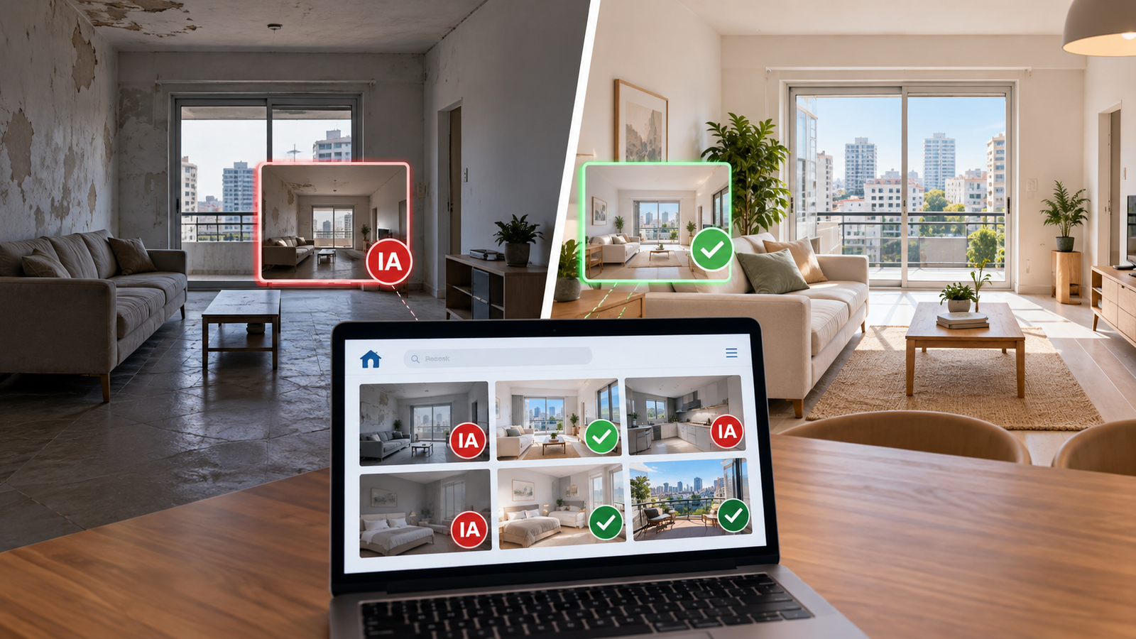 Comparación de un departamento deteriorado y otro renovado digitalmente, con una computadora que ilustra la detección de fotografías inmobiliarias modificadas con inteligencia artificial