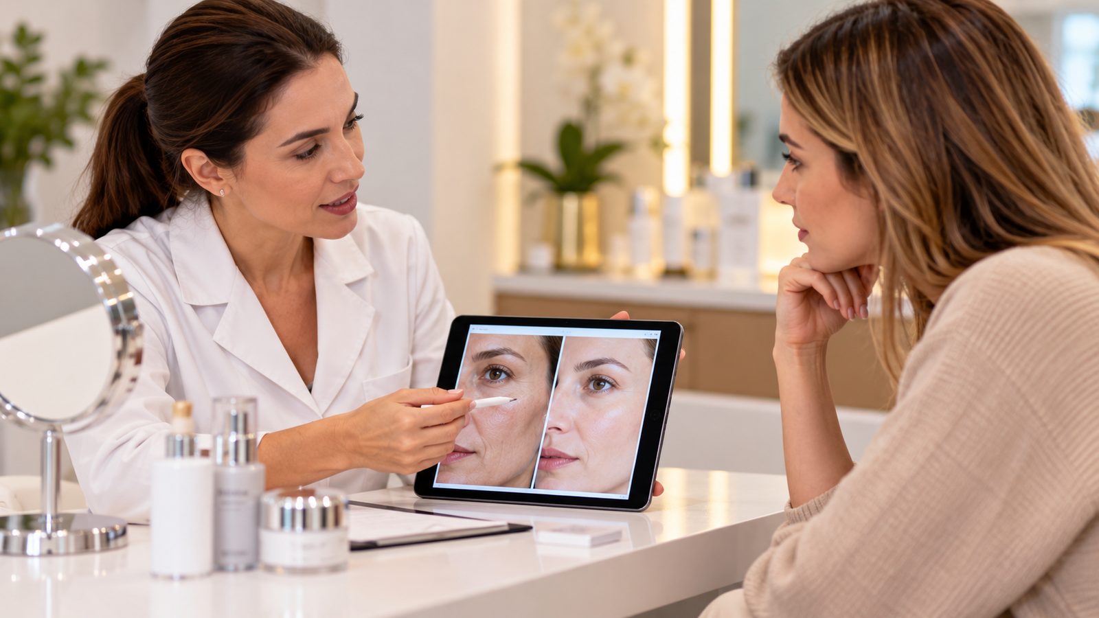 Imagen ilustrativa de una especialista en medicina estética asesorando a una paciente y mostrando en una tablet los posibles resultados de un tratamiento facial, durante una consulta de evaluación.