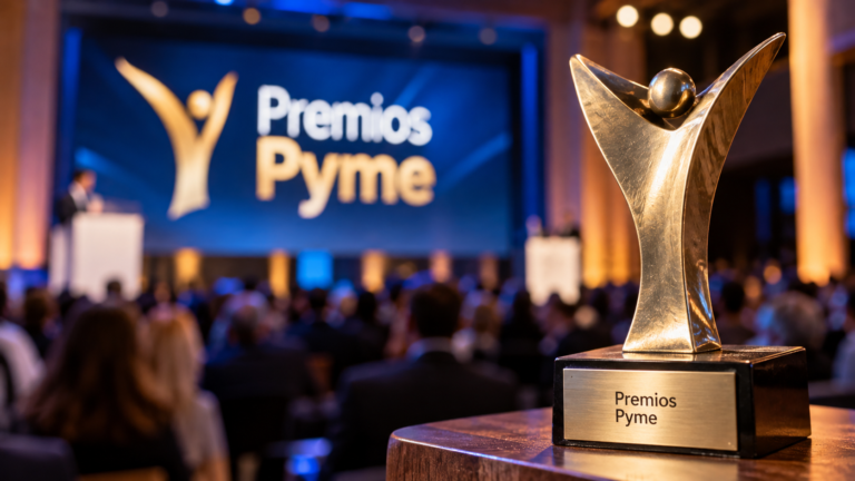 Imagen ilustrativa de una estatuilla dorada de los Premios Pyme 2026, con un escenario de premiación y público de fondo