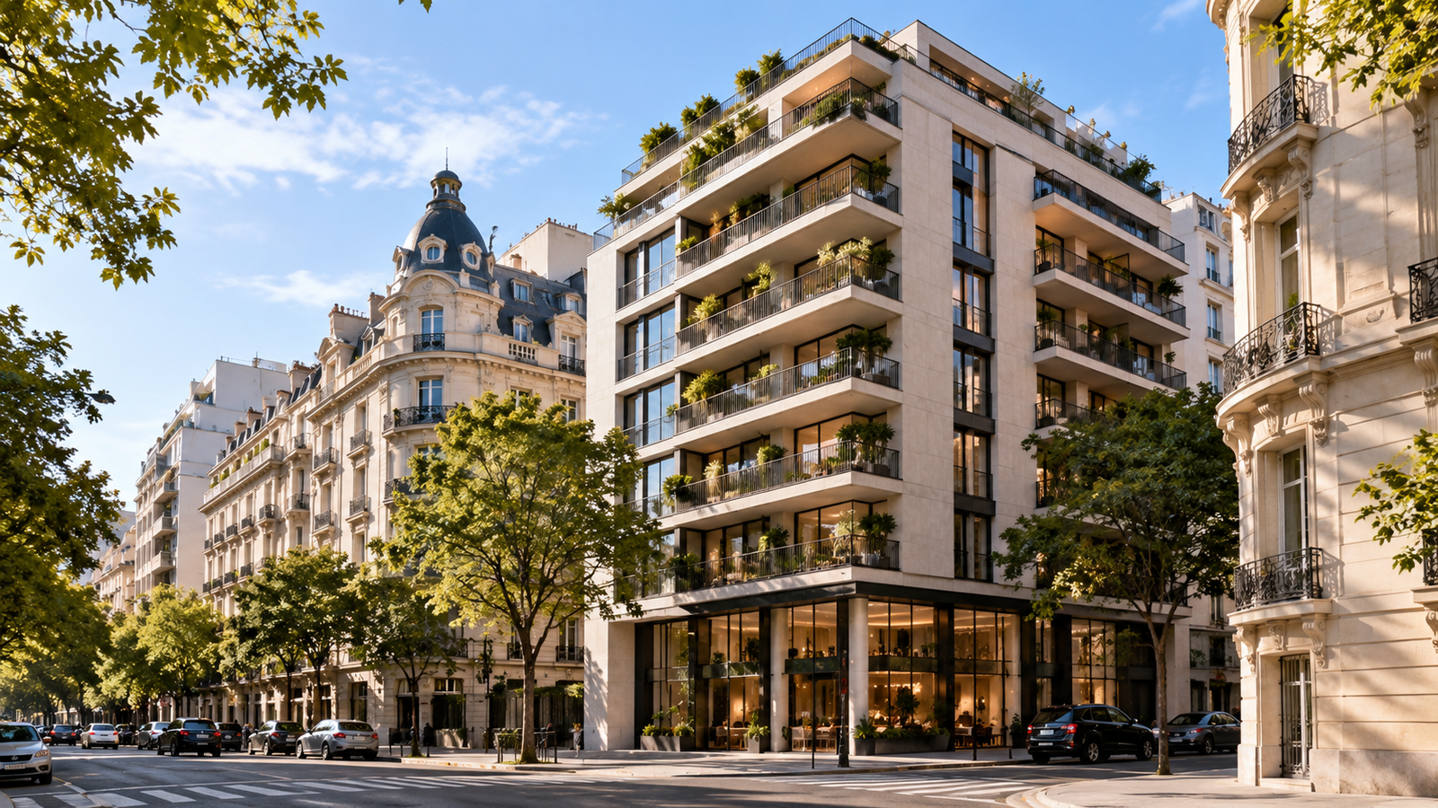Imagen ilustrativa de un moderno edificio residencial de categoría, con amplios balcones y terrazas, rodeado de construcciones tradicionales de Recoleta, en Buenos Aires, donde Branson Real Estate impulsa nuevos desarrollos inmobiliarios