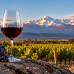 Copa de vino tinto y racimo de uvas frente a un viñedo de Mendoza con la Cordillera de los Andes al fondo