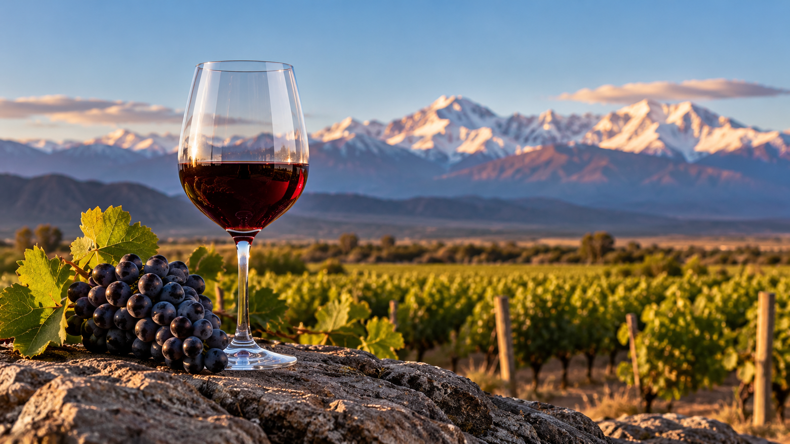 Copa de vino tinto y racimo de uvas frente a un viñedo de Mendoza con la Cordillera de los Andes al fondo