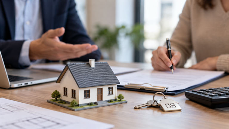 Imagen ilustrativa de una persona firmando documentos para solicitar un crédito hipotecario, con una maqueta de vivienda, llaves y calculadora sobre el escritorio, en referencia al financiamiento inmobiliario en Argentina