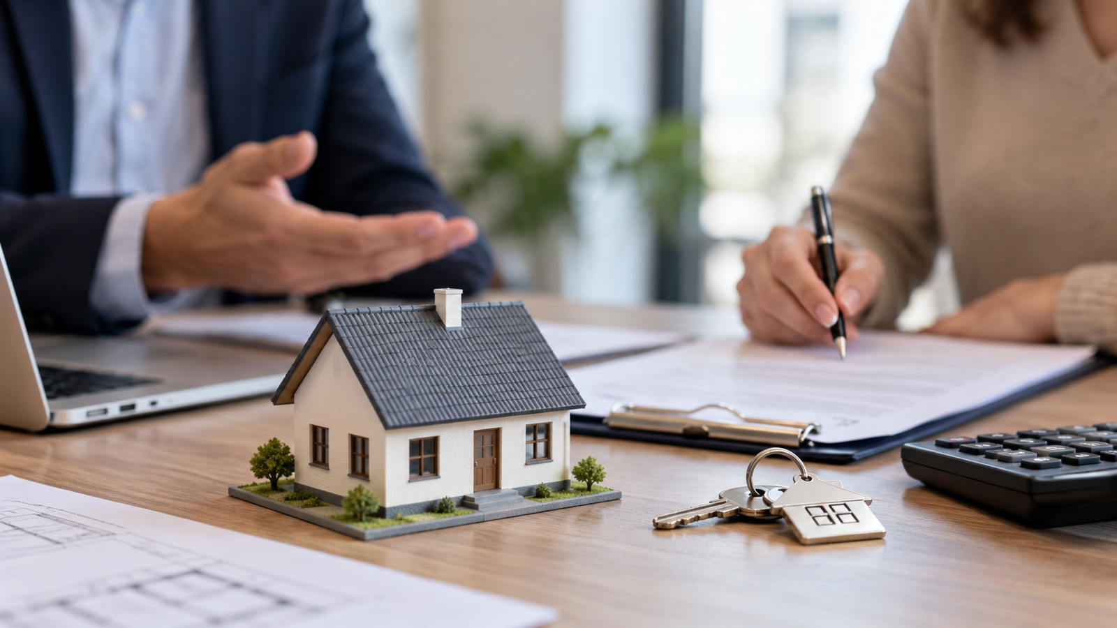 Imagen ilustrativa de una persona firmando documentos para solicitar un crédito hipotecario, con una maqueta de vivienda, llaves y calculadora sobre el escritorio, en referencia al financiamiento inmobiliario en Argentina