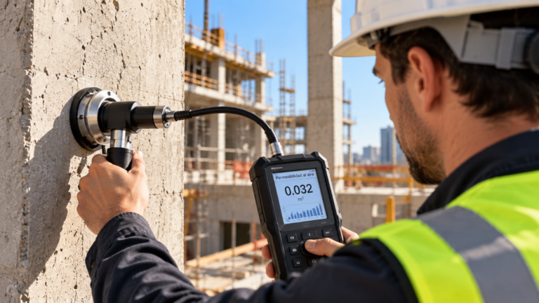 Imagen ilustrativa de un técnico utilizando un dispositivo electrónico para medir la permeabilidad al aire del hormigón en una obra en construcción, mediante un ensayo no destructivo que permite evaluar la calidad del material sin dañar la estructura