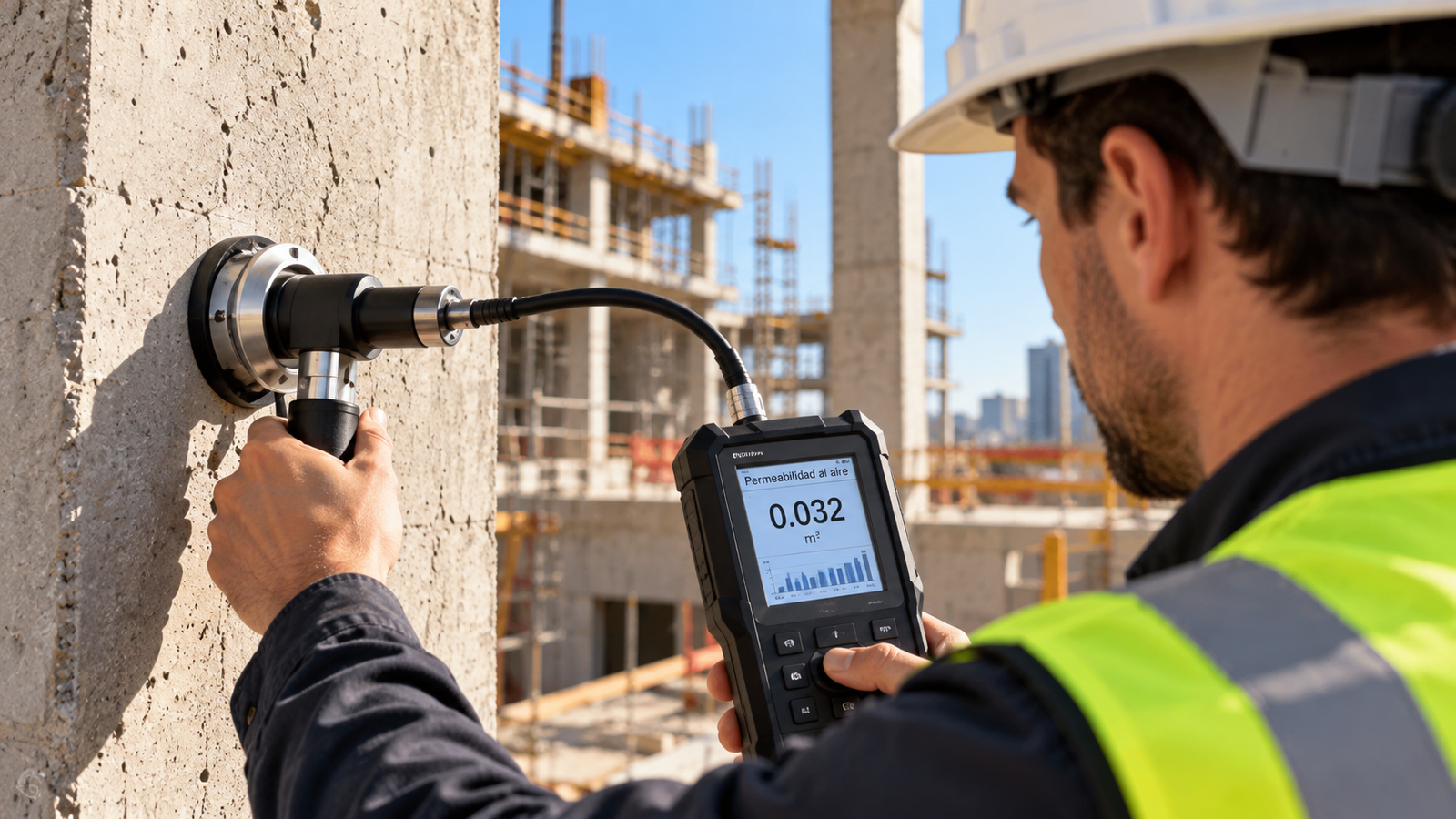 Imagen ilustrativa de un técnico utilizando un dispositivo electrónico para medir la permeabilidad al aire del hormigón en una obra en construcción, mediante un ensayo no destructivo que permite evaluar la calidad del material sin dañar la estructura