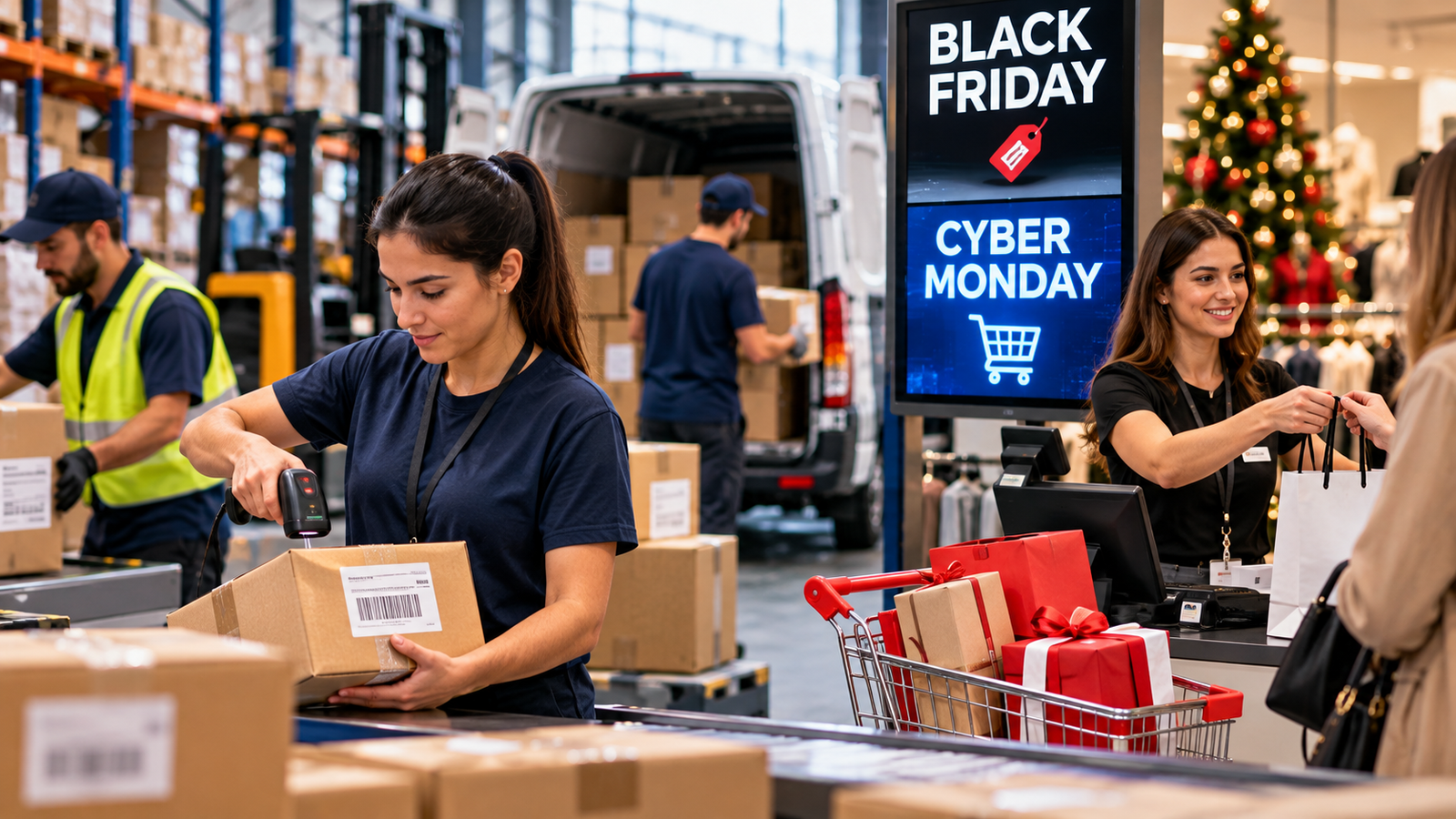 Trabajadores preparando pedidos en un centro logístico y atendiendo clientes en un comercio durante el Cyber Monday y Black Friday 2026 en Argentina, ante el aumento de la demanda de empleo temporal