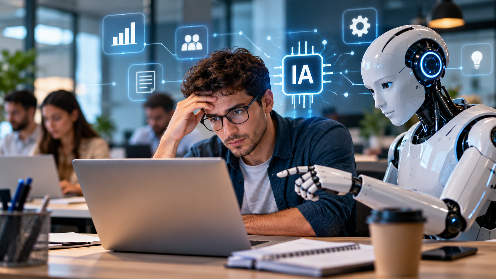Imagen ilustrativa de un trabajador preocupado frente a su computadora, acompañado por un robot que representa la inteligencia artificial, en referencia a los cambios, desafíos e incertidumbre que genera la IA en el ámbito laboral