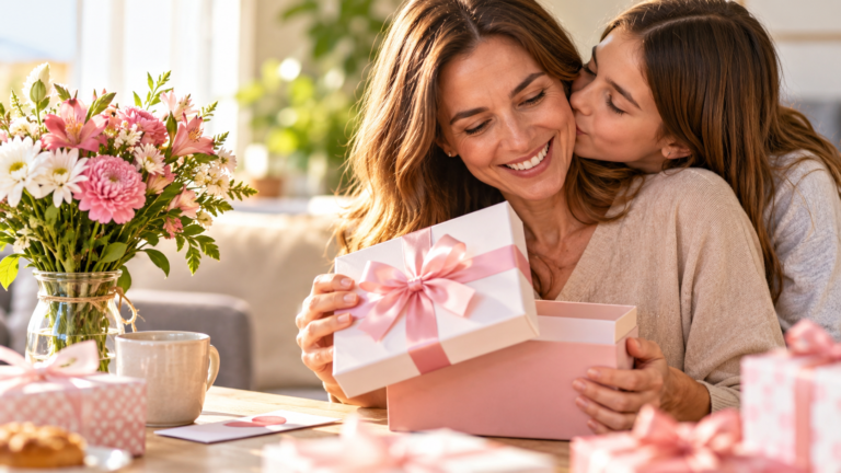 Madre recibiendo un regalo por el Día de la Madre junto a su hija