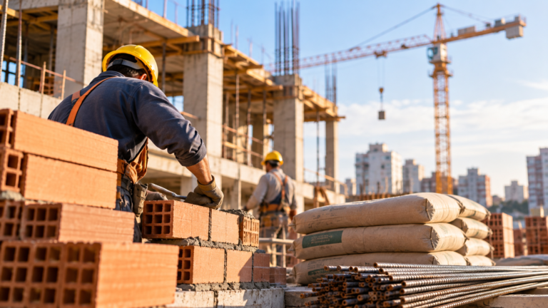 Trabajadores en una obra en construcción con ladrillos, cemento y materiales de obra, en un contexto de desaceleración de la caída de ventas de insumos en Argentina