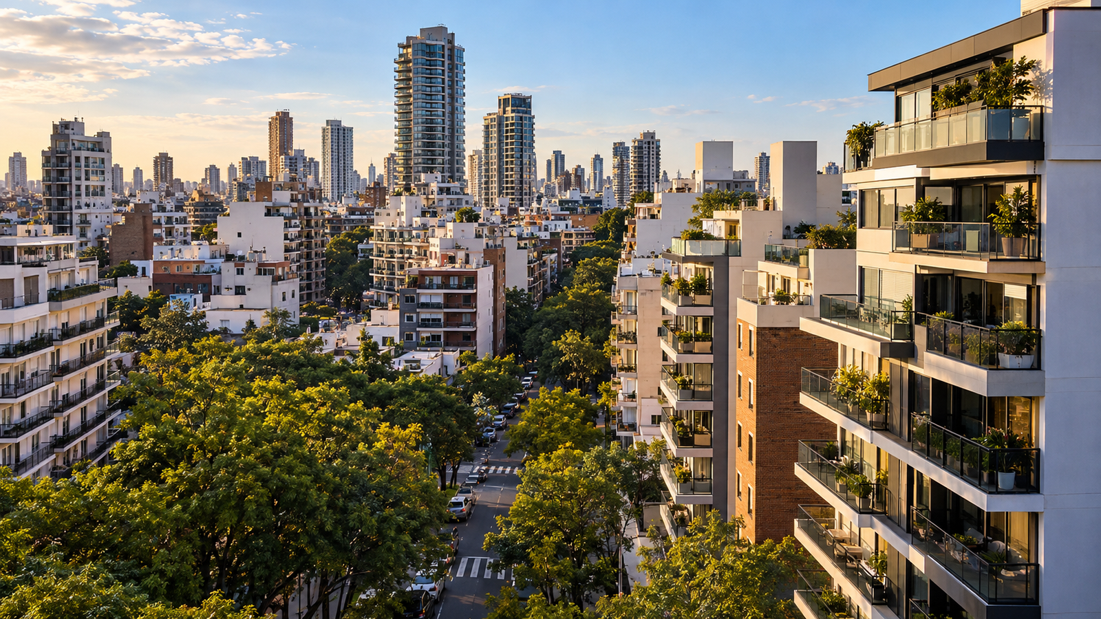 Imagen ilustrativa de edificios residenciales modernos en Buenos Aires, con balcones y espacios verdes, para una nota sobre el costo de las expensas en 2026