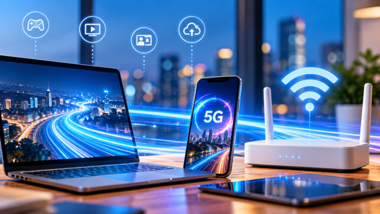 Imagen ilustrativa de una computadora portátil, un celular con tecnología 5G y un router WiFi conectados a una red de alta velocidad, en referencia al ranking de mejor internet fijo y móvil de Argentina en 2026