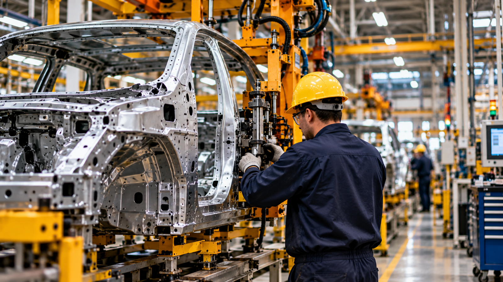 I magen ilustrativa de un operario trabajando en una línea de producción automotriz, con carrocerías y maquinaria industrial, para una nota sobre la industria bonaerense en 2026