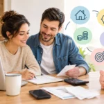 Pareja organizando los gastos del hogar con una calculadora, computadora y facturas, junto a símbolos de ahorro, vivienda y planificación financiera