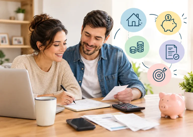 Pareja organizando los gastos del hogar con una calculadora, computadora y facturas, junto a símbolos de ahorro, vivienda y planificación financiera