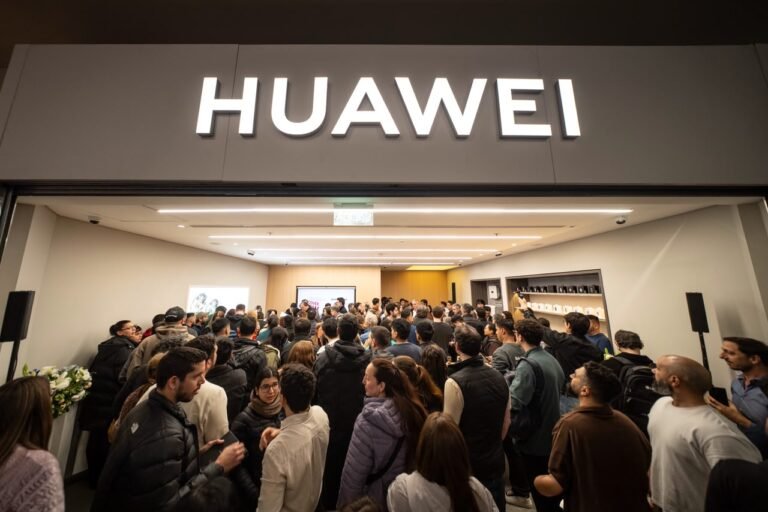 Inauguración de la primera Tienda Autorizada Huawei en Argentina, ubicada en Unicenter Shopping, con numerosos visitantes reunidos en el nuevo local de la marca tecnológica