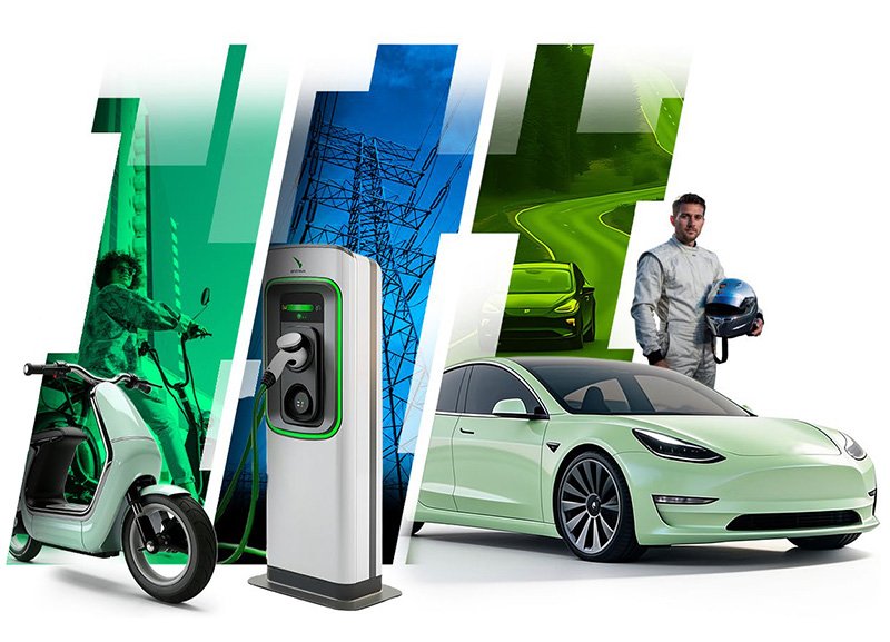 Imagen ilustrativa de la movilidad eléctrica con un auto, una moto, una estación de carga y tecnología energética, en el marco de Future Mobility Argentina 2027
