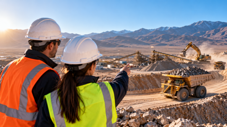 Imagen ilustrativa de una explotación minera a cielo abierto en Argentina, con maquinaria pesada, camiones de transporte y profesionales supervisando las operaciones, en el marco de las nuevas inversiones mineras y las oportunidades para empresas proveedoras