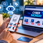 Imagen ilustrativa del Cyber Monday 2026 con una persona realizando compras online desde su celular y una computadora, comparando productos y descuentos con ayuda de herramientas de inteligencia artificial para encontrar ofertas y comprar de manera segura