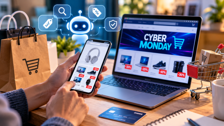 Imagen ilustrativa del Cyber Monday 2026 con una persona realizando compras online desde su celular y una computadora, comparando productos y descuentos con ayuda de herramientas de inteligencia artificial para encontrar ofertas y comprar de manera segura