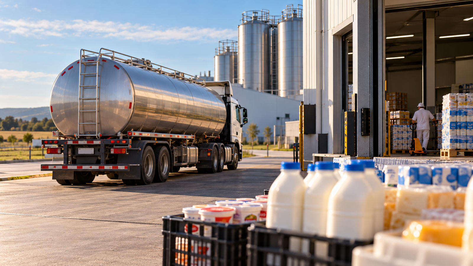 Imagen ilustrativa de un camión cisterna en una planta láctea, con productos como leche, yogures y quesos preparados para su distribución, que refleja el impacto de los costos de transporte y logística en la industria láctea argentina