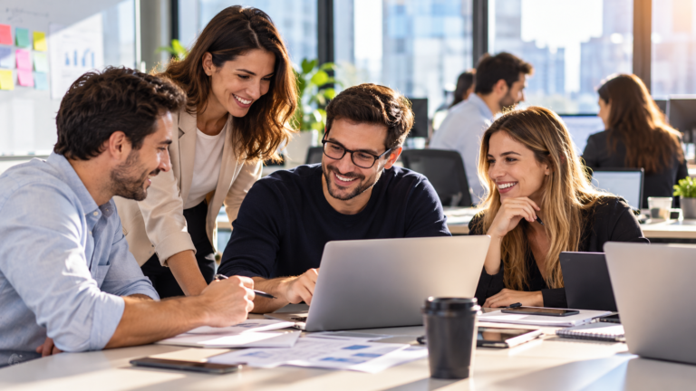 Imagen ilustrativa de un grupo de profesionales trabajando en equipo en una oficina moderna, utilizando herramientas digitales y compartiendo ideas para impulsar la innovación, la gestión del talento y la productividad empresarial