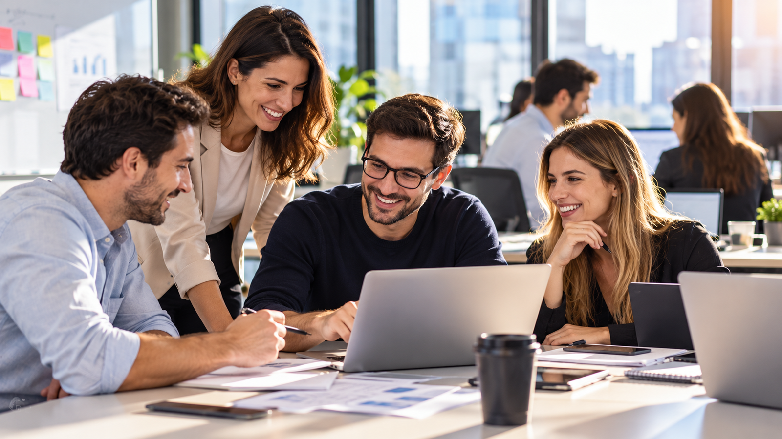 Imagen ilustrativa de un grupo de profesionales trabajando en equipo en una oficina moderna, utilizando herramientas digitales y compartiendo ideas para impulsar la innovación, la gestión del talento y la productividad empresarial