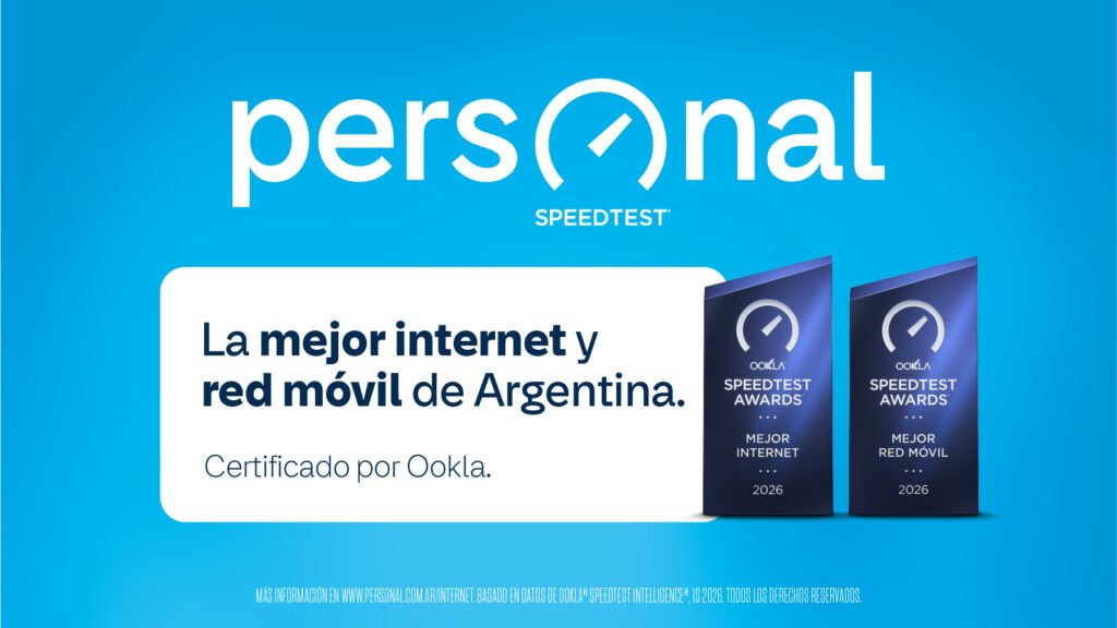 Personal anuncia los premios Speedtest Awards 2026 otorgados por Ookla a la mejor conexión de internet fija y red móvil de Argentina durante el primer semestre del año.