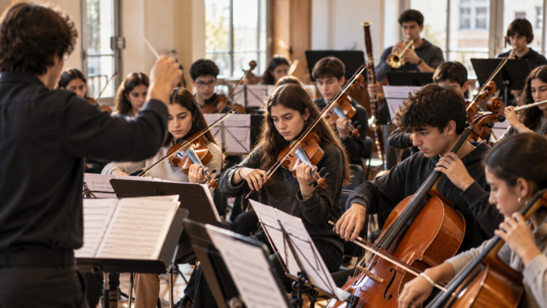 Jóvenes músicos ensayan con violines y violonchelos en una orquesta juvenil, en el marco de una convocatoria internacional de Iberorquestas Juveniles 2026