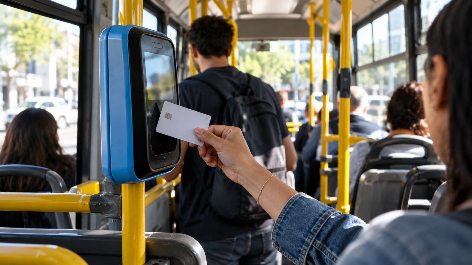 Pasajero paga con tarjeta bancaria en un colectivo argentino, ilustrando la expansión de los pagos digitales mediante tarjetas y billeteras virtuales